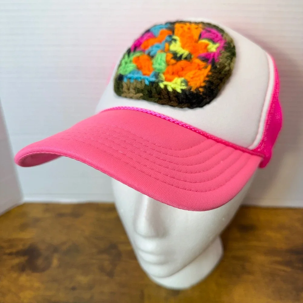 Handmade Crochet Granny Square Patch Trucker Hat Cap Neon Pink White Boho Unique